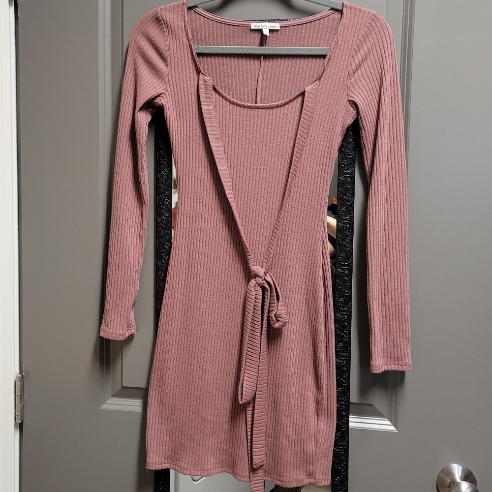 Bodycon Ribbed Dress with Neck Tie Detail